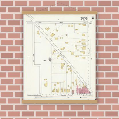 Old map wall art mockup — magnetic wood frame on brick wall — Sanborn Fire Insurance Map from Ashland, Hanover County, Virginia (1921), Sheet #0005