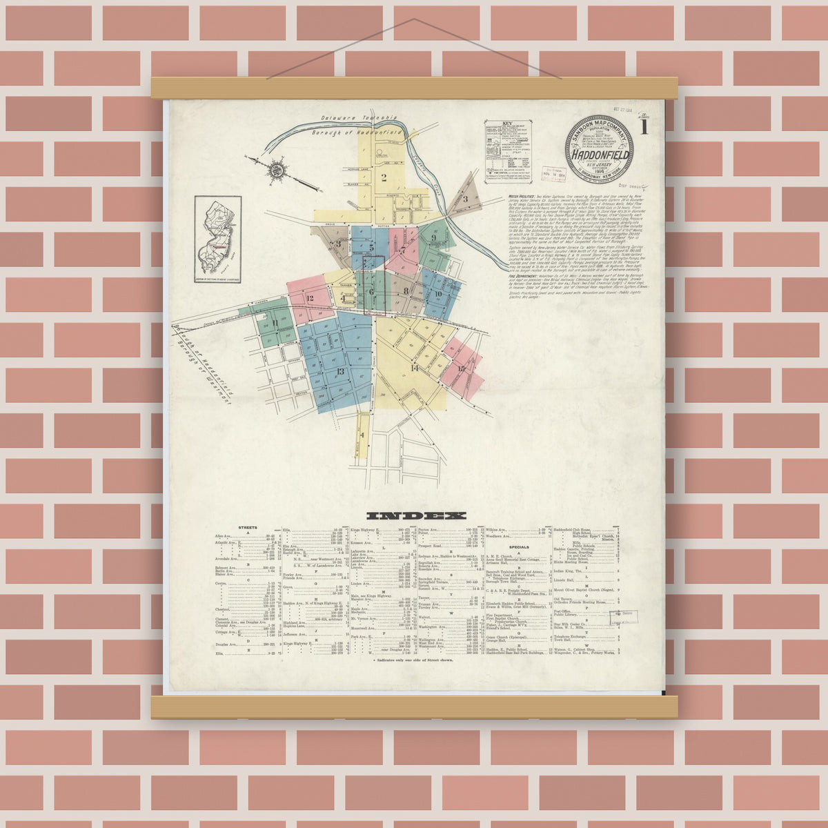 Old map wall art mockup — magnetic wood frame on brick wall — Sanborn Fire Insurance Map from Haddonfield, Camden County, New Jersey (1914) - Complete Map Set