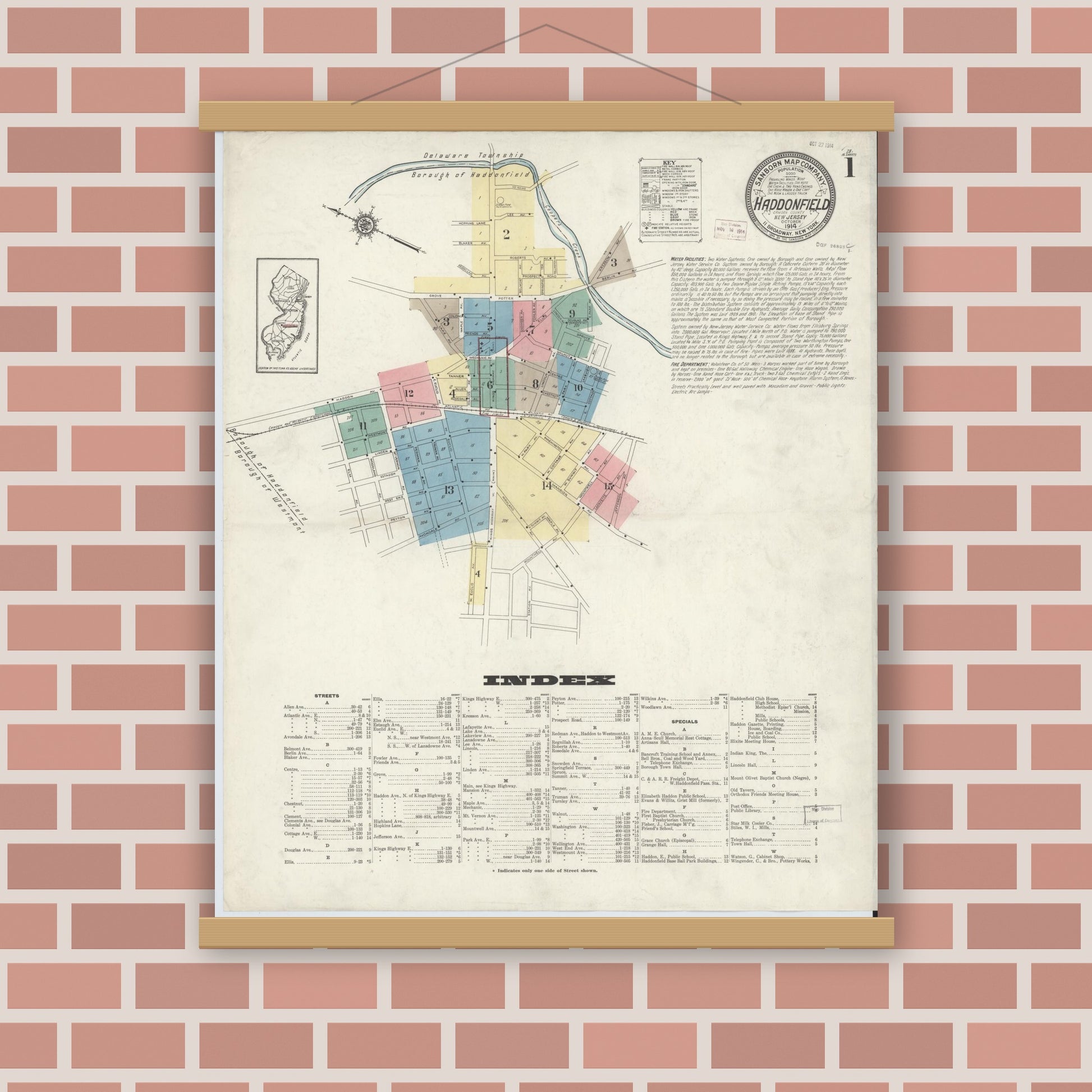 Old map wall art mockup — magnetic wood frame on brick wall — Sanborn Fire Insurance Map from Haddonfield, Camden County, New Jersey (1914) - Complete Map Set