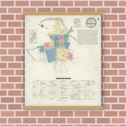 Old map wall art mockup — magnetic wood frame on brick wall — Sanborn Fire Insurance Map from Haddonfield, Camden County, New Jersey (1914) - Complete Map Set