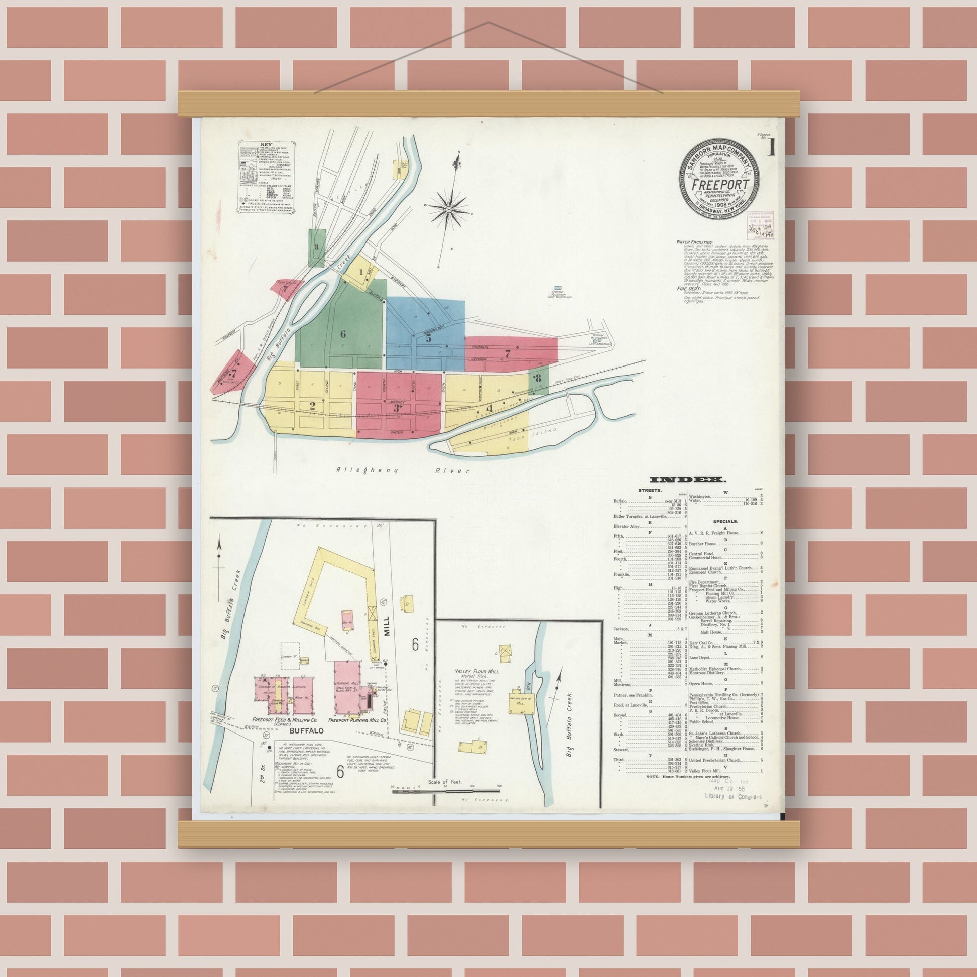 Old map wall art mockup — magnetic wood frame on brick wall — Sanborn Fire Insurance Map from Freeport, Armstrong County, Pennsylvania (1908), Sheet #0001