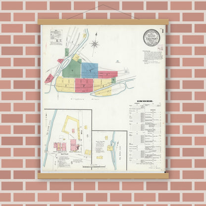 Old map wall art mockup — magnetic wood frame on brick wall — Sanborn Fire Insurance Map from Freeport, Armstrong County, Pennsylvania (1908), Sheet #0001