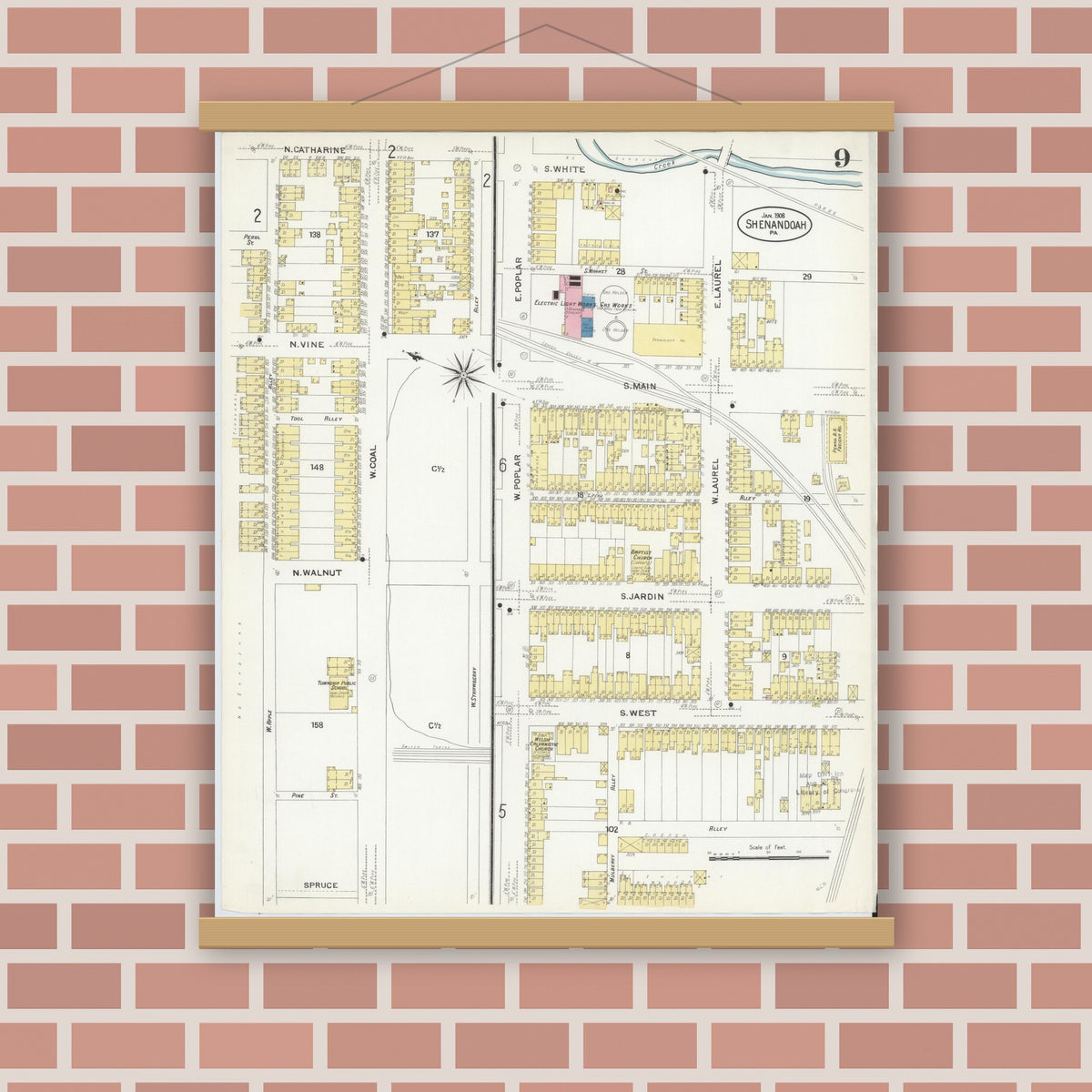 Old map wall art mockup — magnetic wood frame on brick wall — Sanborn Fire Insurance Map from Shenandoah, Schuylkill County, Pennsylvania (1908), Sheet #0009
