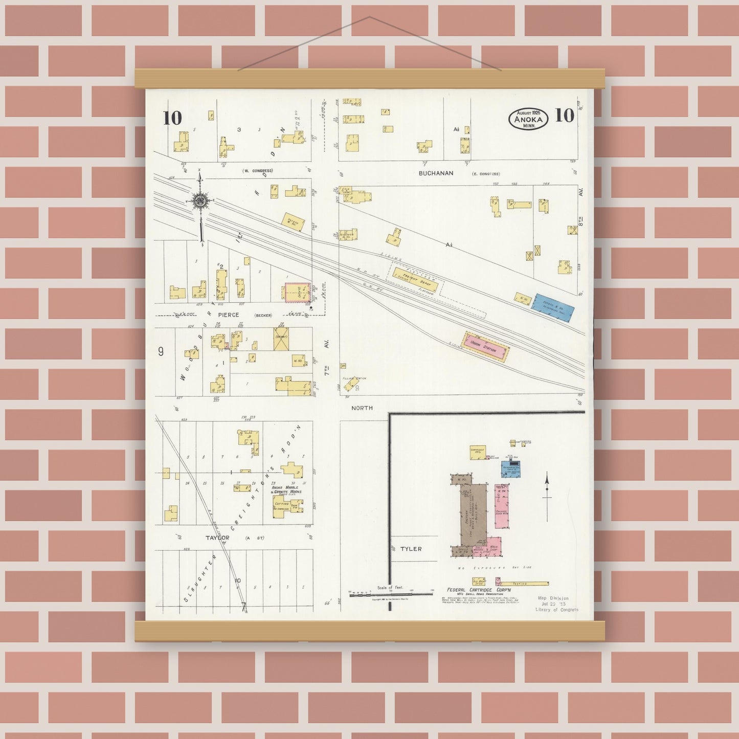 Old map wall art mockup — magnetic wood frame on brick wall — Sanborn Fire Insurance Map from Anoka, Anoka County, Minnesota (1925), Sheet #0010