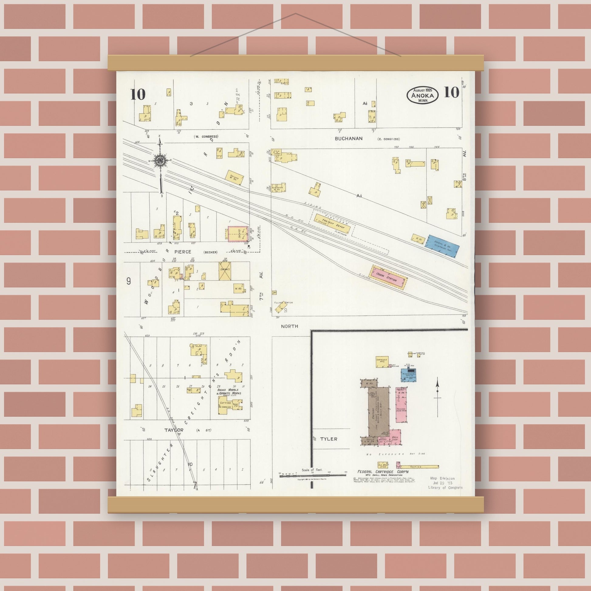 Old map wall art mockup — magnetic wood frame on brick wall — Sanborn Fire Insurance Map from Anoka, Anoka County, Minnesota (1925), Sheet #0010