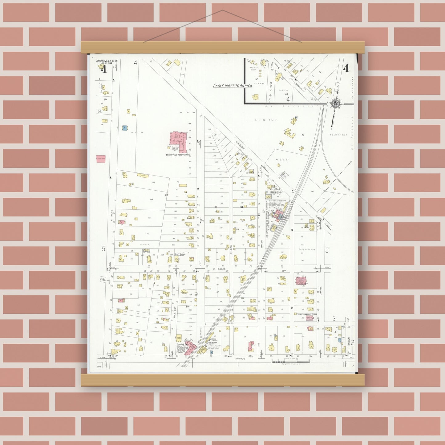 Old map wall art mockup — magnetic wood frame on brick wall — Sanborn Fire Insurance Map from Monroeville, Huron County, Ohio (1939), Sheet #0004