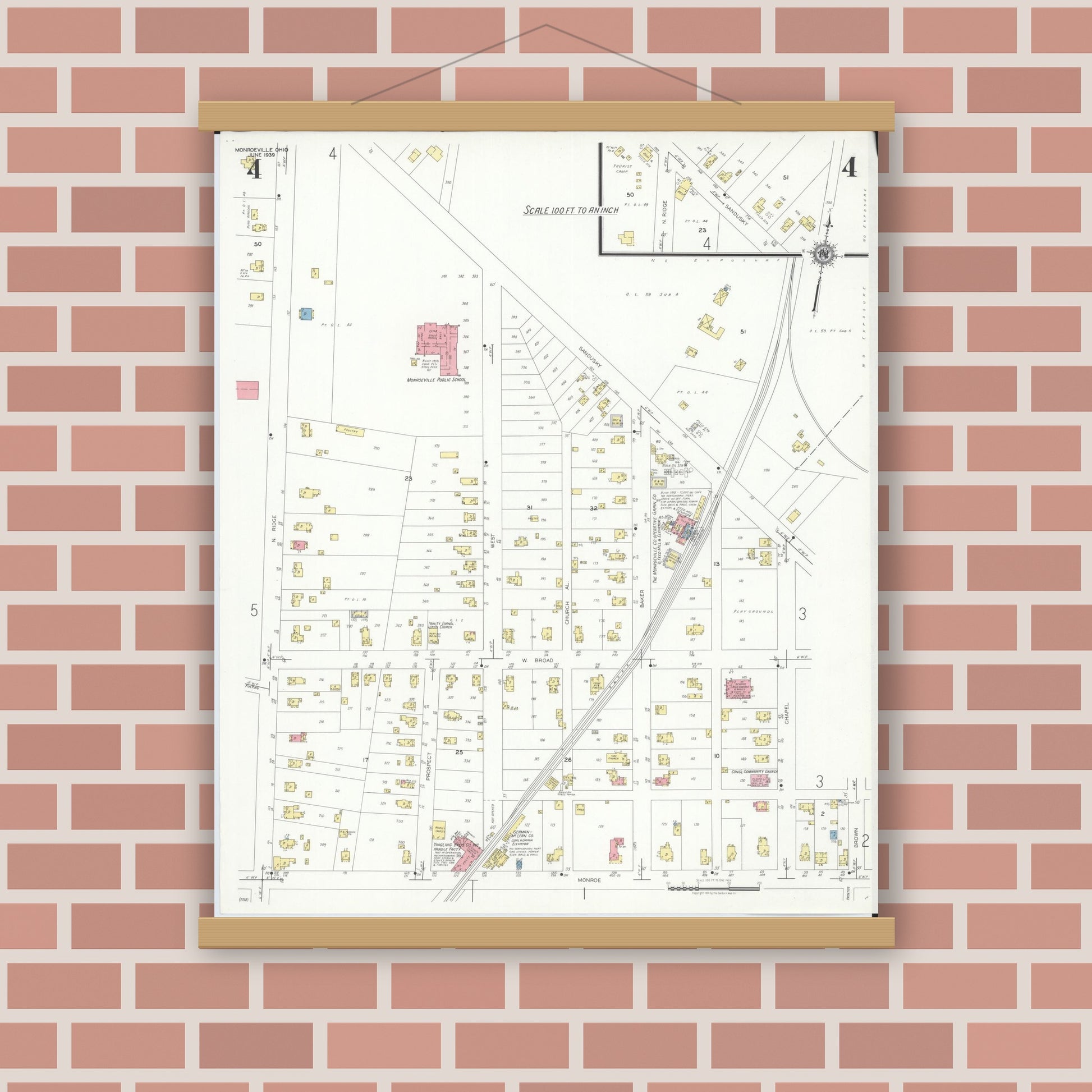 Old map wall art mockup — magnetic wood frame on brick wall — Sanborn Fire Insurance Map from Monroeville, Huron County, Ohio (1939), Sheet #0004