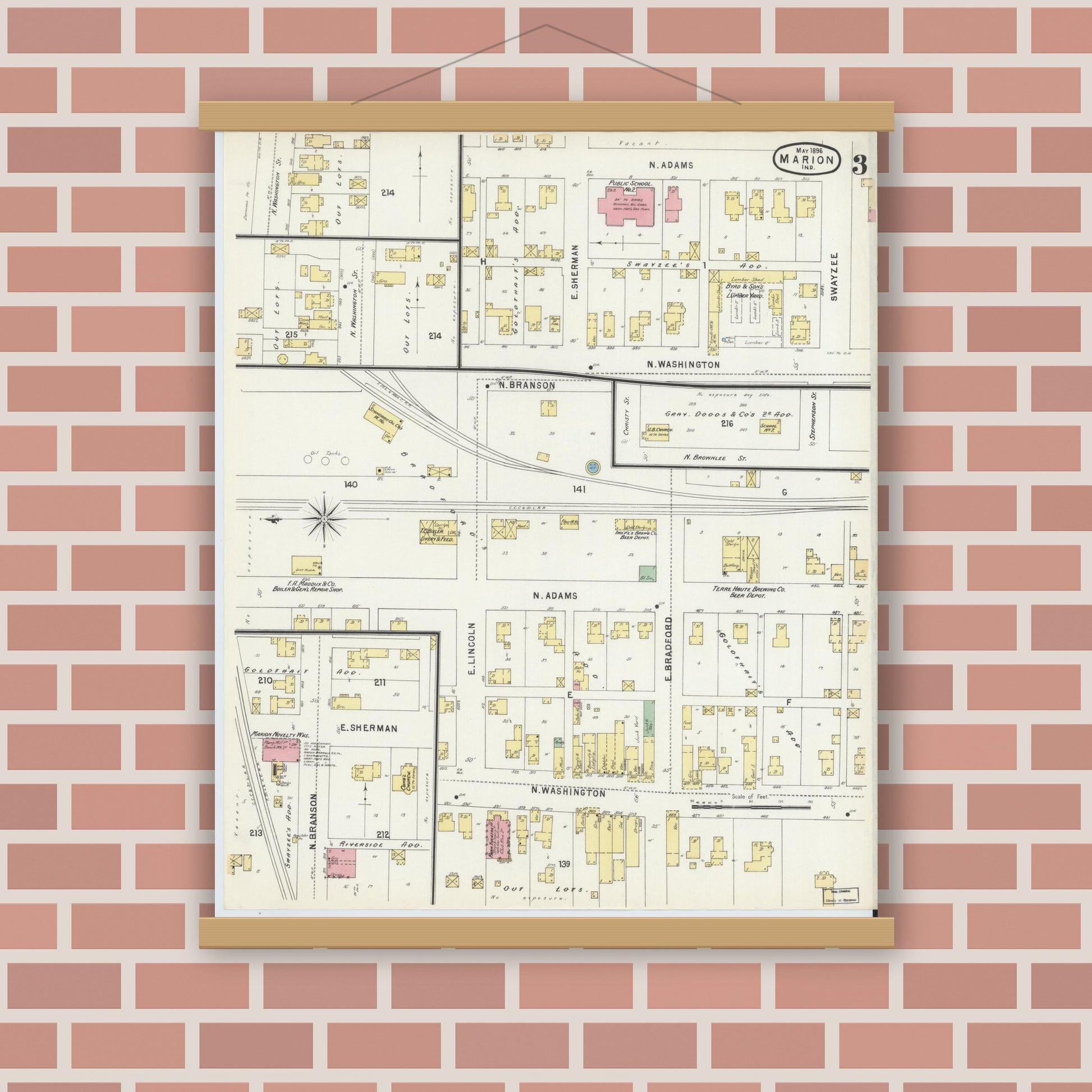 Old map wall art mockup — magnetic wood frame on brick wall — Sanborn Fire Insurance Map from Marion, Grant County, Indiana (1896), Sheet #0003