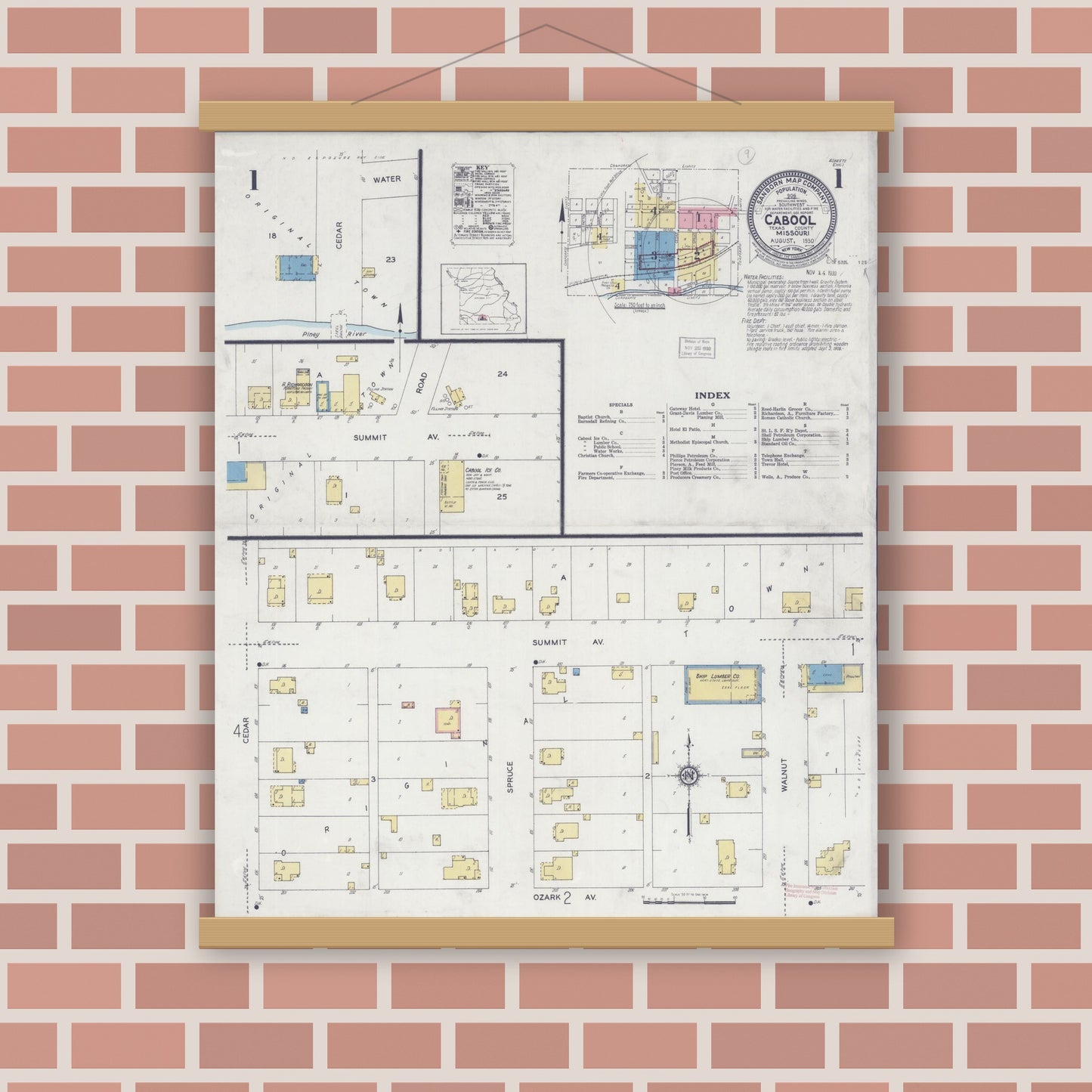 Old map wall art mockup — magnetic wood frame on brick wall — Sanborn Fire Insurance Map from Cabool, Texas County, Missouri (1930) - Complete Map Set
