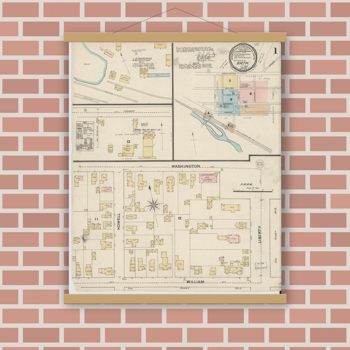 Old map wall art mockup — magnetic wood frame on brick wall — Sanborn Fire Insurance Map from Bath, Steuben County, New York (1888) - Complete Map Set