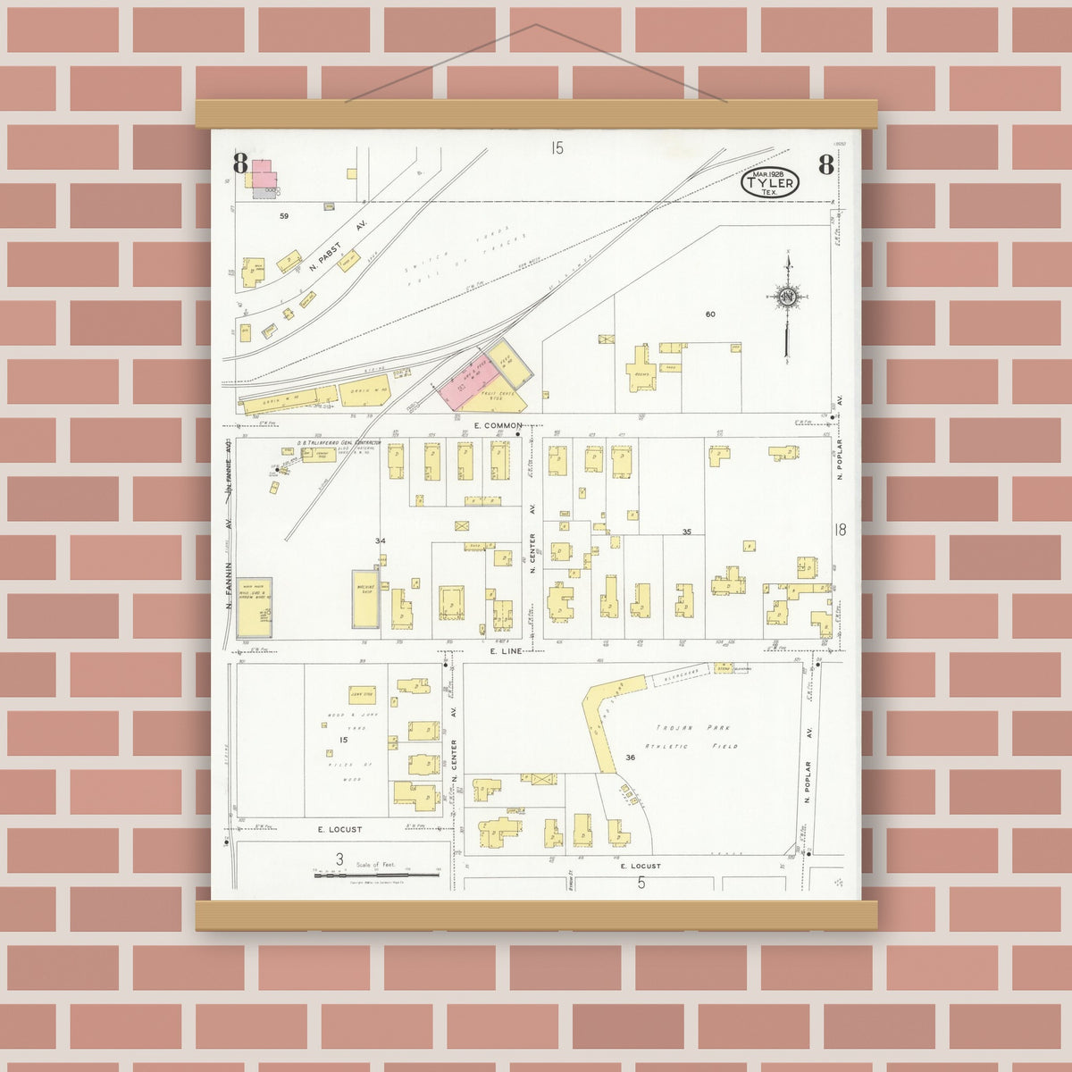 Old map wall art mockup — magnetic wood frame on brick wall — Sanborn Fire Insurance Map from Tyler, Smith County, Texas (1928), Sheet #0008
