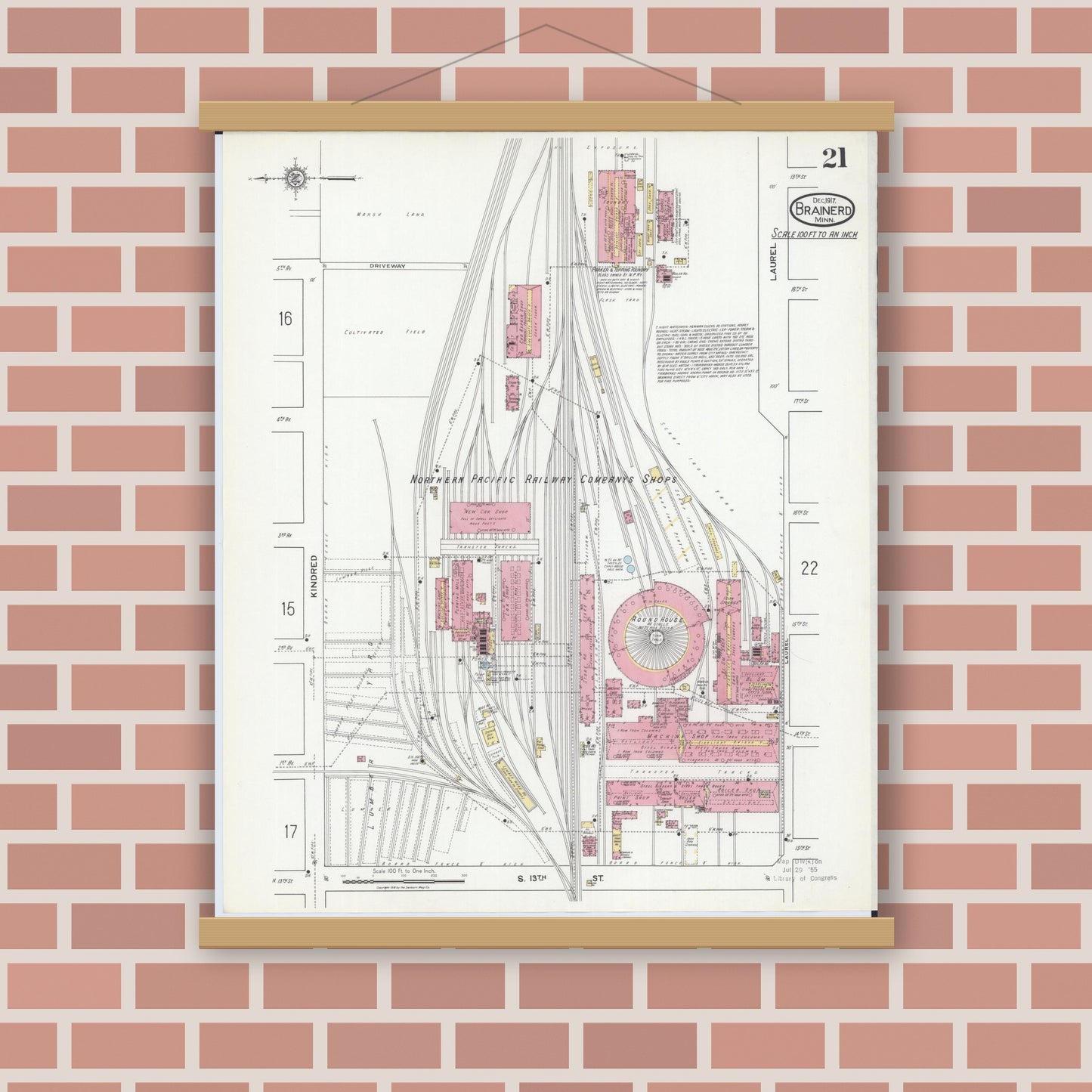 Old map wall art mockup — magnetic wood frame on brick wall — Sanborn Fire Insurance Map from Brainerd, Crow Wing County, Minnesota (1917), Sheet #0021