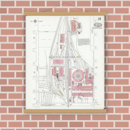 Old map wall art mockup — magnetic wood frame on brick wall — Sanborn Fire Insurance Map from Brainerd, Crow Wing County, Minnesota (1917), Sheet #0021