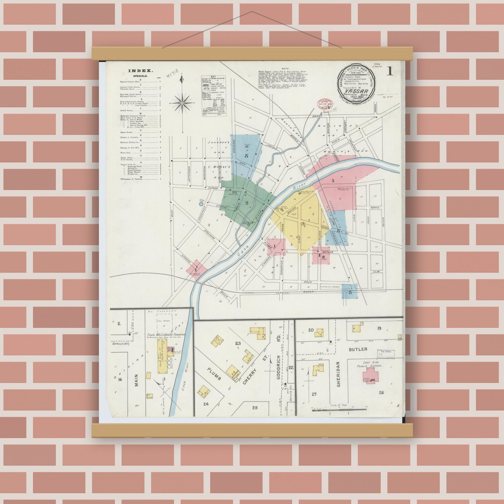 Old map wall art mockup — magnetic wood frame on brick wall — Sanborn Fire Insurance Map from Vassar, Tuscola County, Michigan (1895) - Complete Map Set