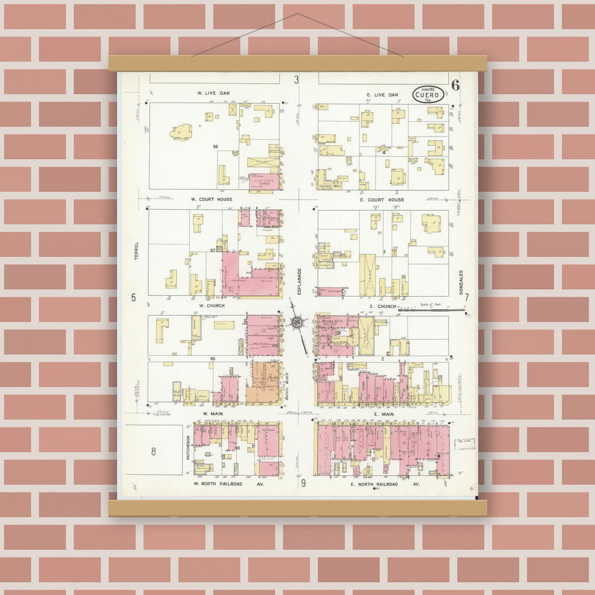 Old map wall art mockup — magnetic wood frame on brick wall — Sanborn Fire Insurance Map from Cuero, De Witt County, Texas (1912), Sheet #0006