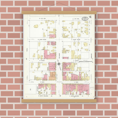 Old map wall art mockup — magnetic wood frame on brick wall — Sanborn Fire Insurance Map from Cuero, De Witt County, Texas (1912), Sheet #0006