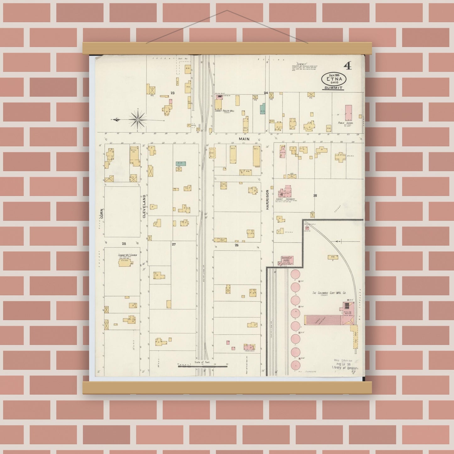 Old map wall art mockup — magnetic wood frame on brick wall — Sanborn Fire Insurance Map from Etna, Luking County, Ohio (1905), Sheet #0004