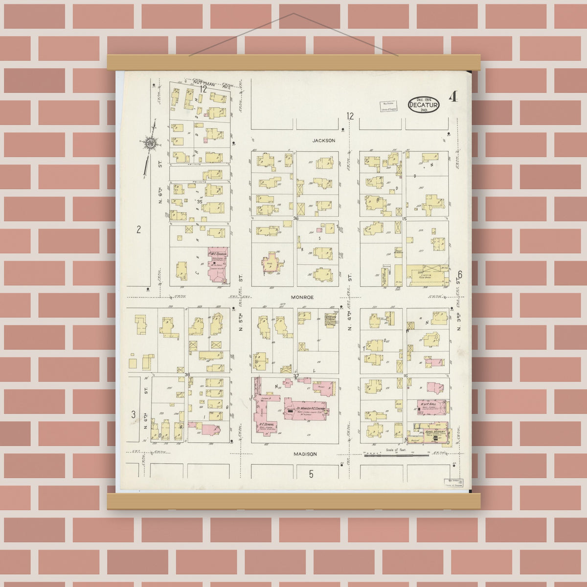 Old map wall art mockup — magnetic wood frame on brick wall — Sanborn Fire Insurance Map from Decatur, Adams County, Indiana (1914), Sheet #0004