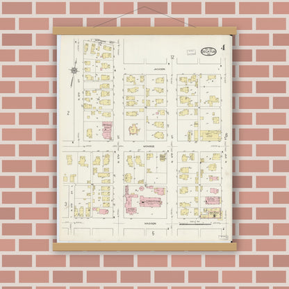 Old map wall art mockup — magnetic wood frame on brick wall — Sanborn Fire Insurance Map from Decatur, Adams County, Indiana (1914), Sheet #0004