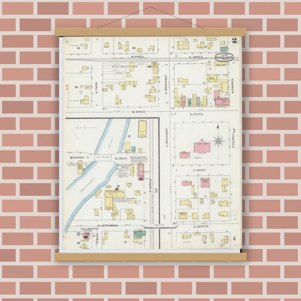 Old map wall art mockup — magnetic wood frame on brick wall — Sanborn Fire Insurance Map from Hastings, Barry County, Michigan (1896), Sheet #0002