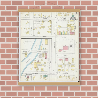 Old map wall art mockup — magnetic wood frame on brick wall — Sanborn Fire Insurance Map from Hastings, Barry County, Michigan (1896), Sheet #0002