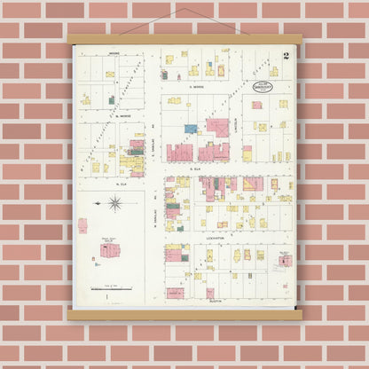 Old map wall art mockup — magnetic wood frame on brick wall — Sanborn Fire Insurance Map from Sandusky, Sanilac County, Michigan (1909), Sheet #0002