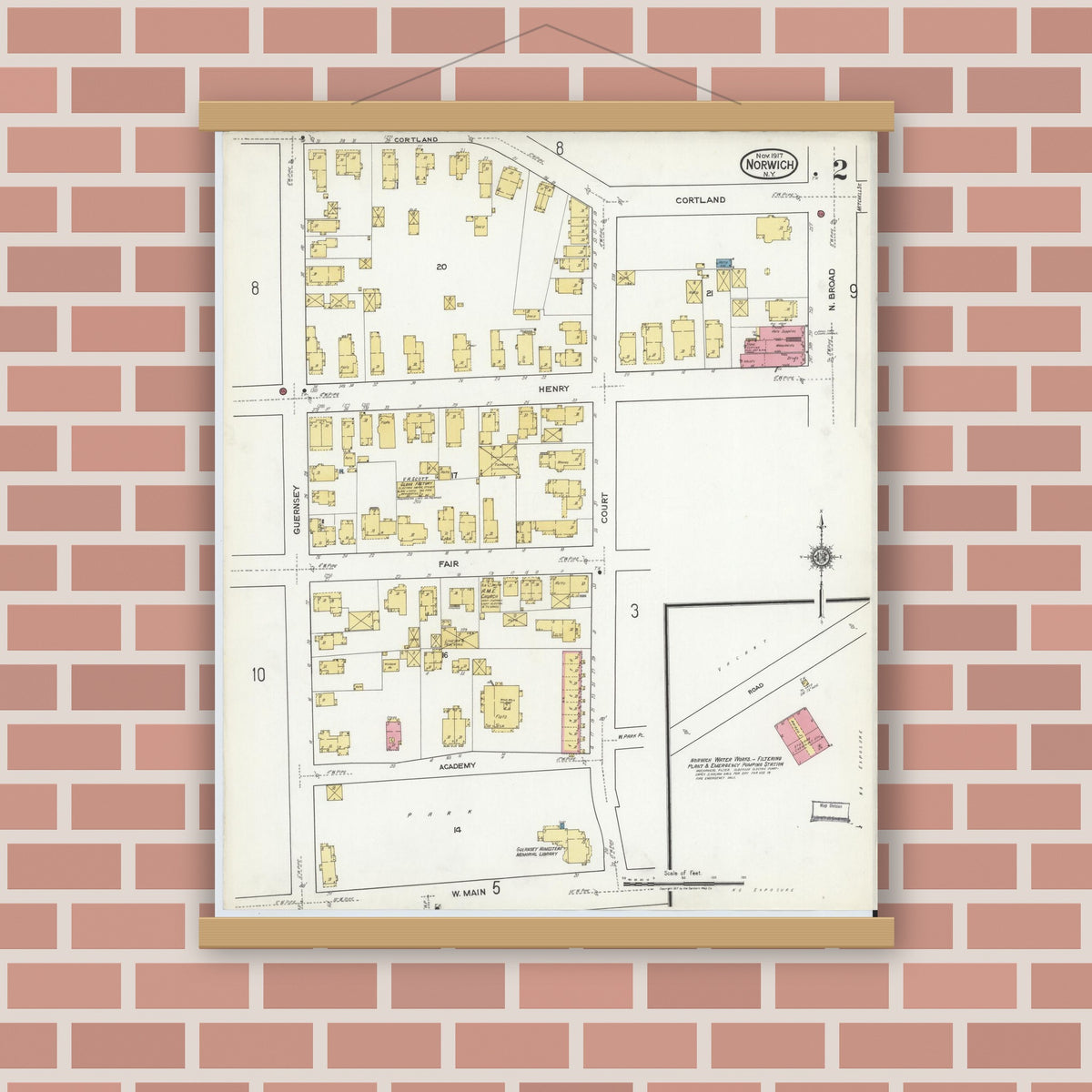 Old map wall art mockup — magnetic wood frame on brick wall — Sanborn Fire Insurance Map from Norwich, Chenango County, New York (1917), Sheet #0002
