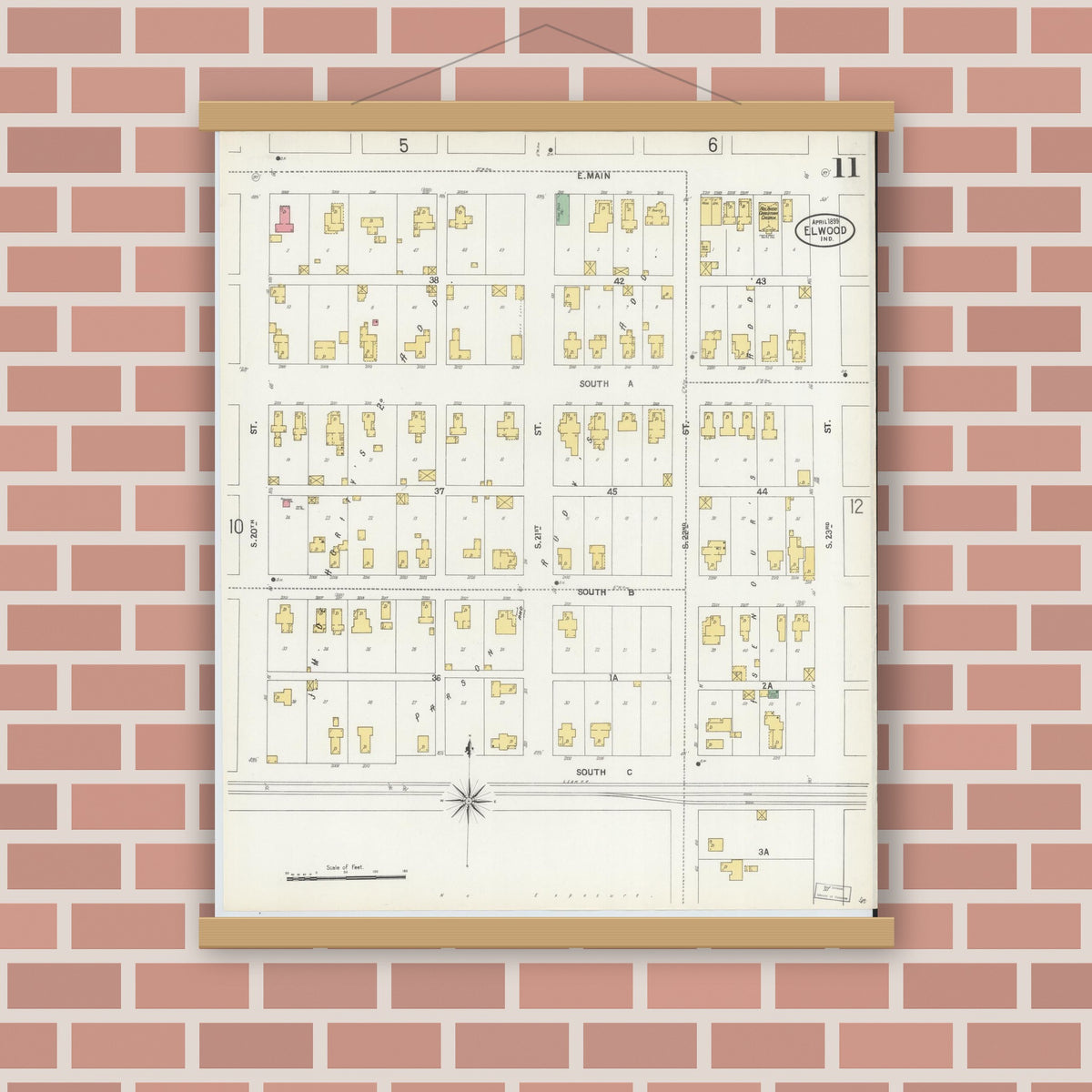 Old map wall art mockup — magnetic wood frame on brick wall — Sanborn Fire Insurance Map from Elwood, Madison County, Indiana (1899), Sheet #0011