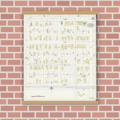 Old map wall art mockup — magnetic wood frame on brick wall — Sanborn Fire Insurance Map from Elwood, Madison County, Indiana (1899), Sheet #0011
