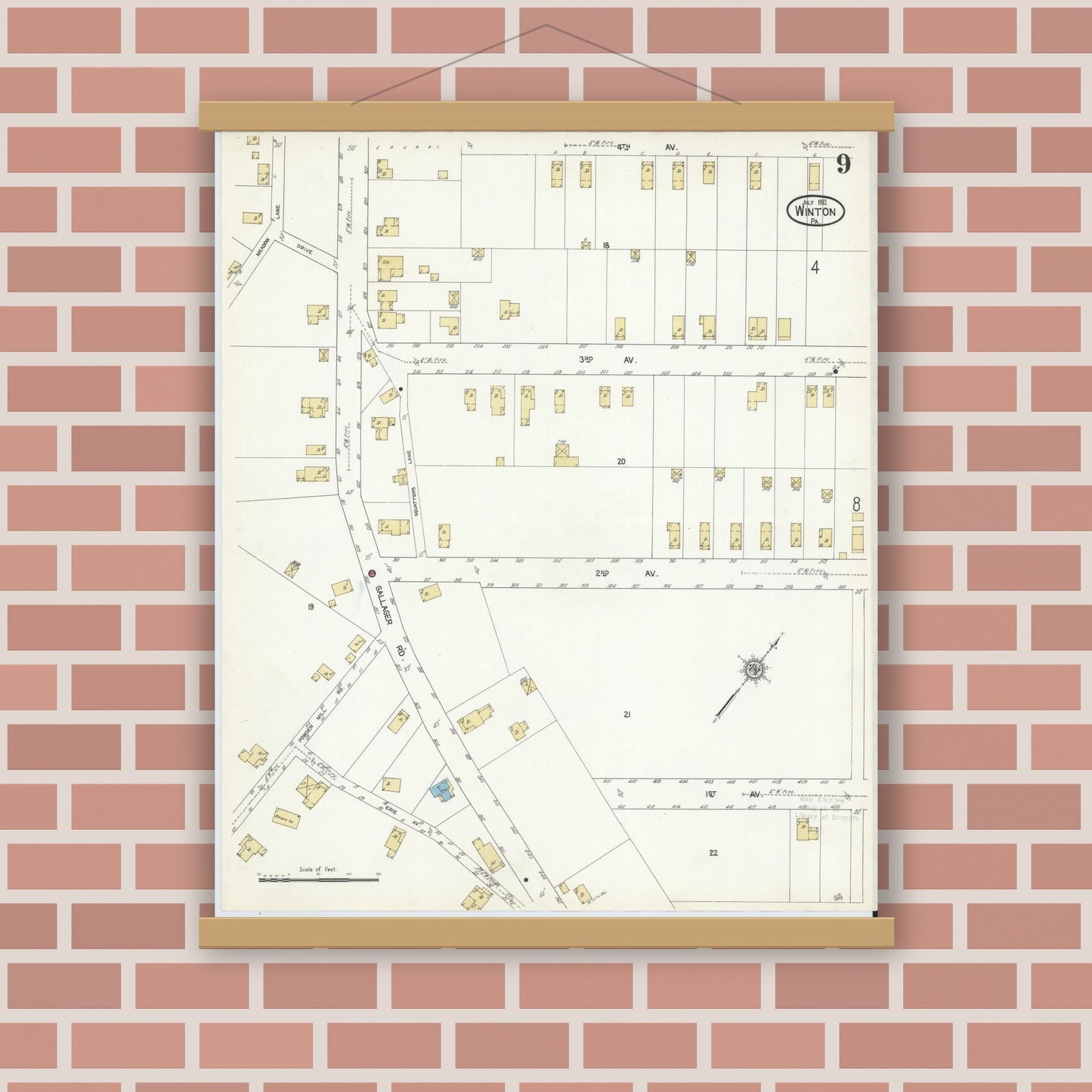Old map wall art mockup — magnetic wood frame on brick wall — Sanborn Fire Insurance Map from Winton, Lackawanna County, Pennsylvania (1912), Sheet #0009