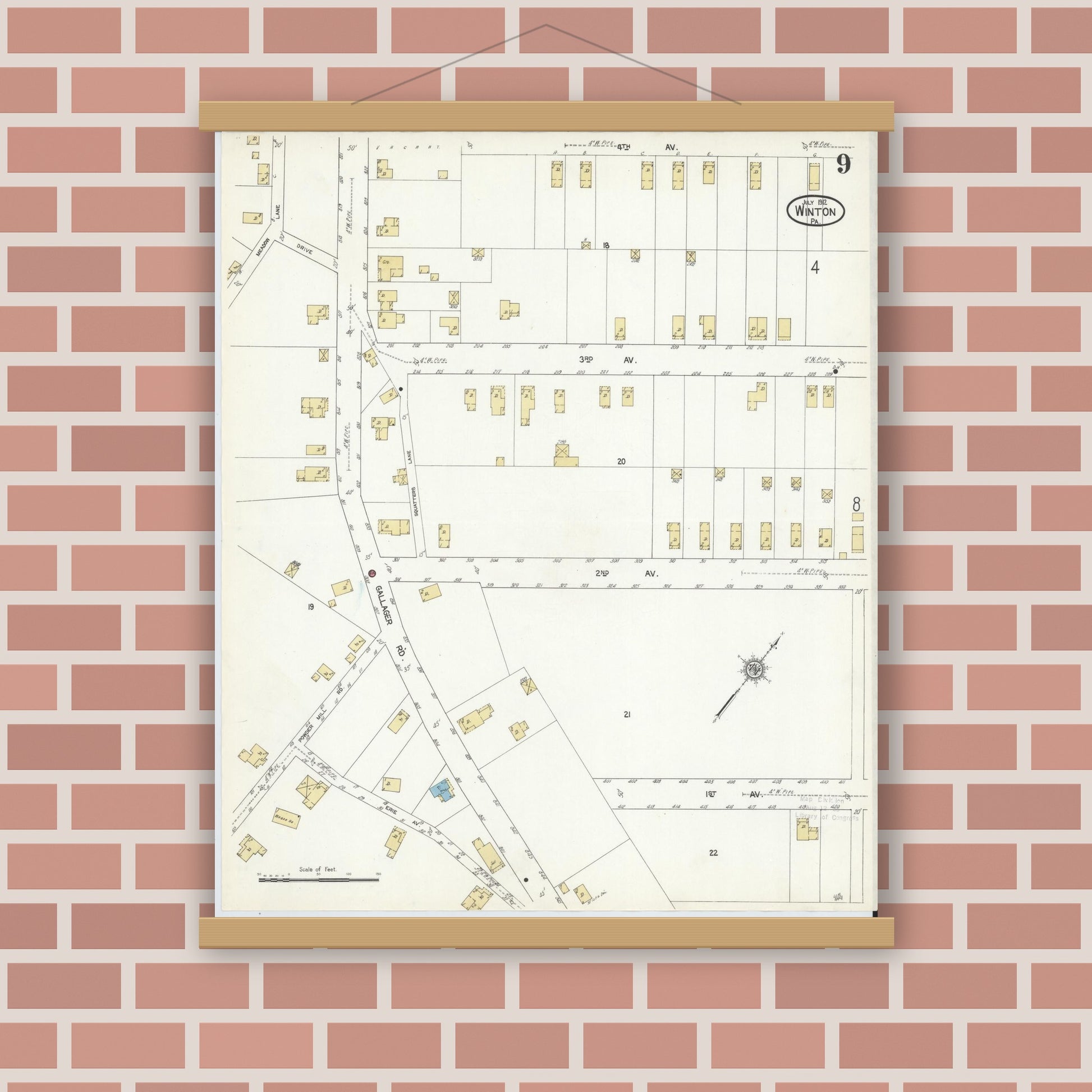 Old map wall art mockup — magnetic wood frame on brick wall — Sanborn Fire Insurance Map from Winton, Lackawanna County, Pennsylvania (1912), Sheet #0009