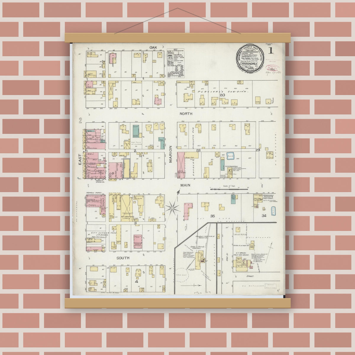Old map wall art mockup — magnetic wood frame on brick wall — Sanborn Fire Insurance Map from Carbondale, Jackson County, Illinois (1893) - Complete Map Set