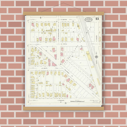 Old map wall art mockup — magnetic wood frame on brick wall — Sanborn Fire Insurance Map from Fostoria, Seneca, Hancock, And Wood Counties, Ohio (1914), Sheet #0013