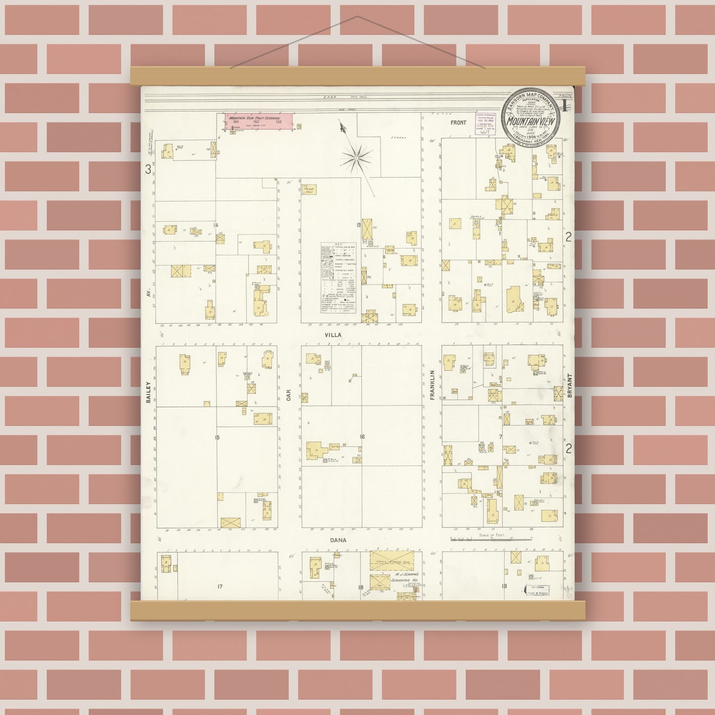 Old map wall art mockup — magnetic wood frame on brick wall — Sanborn Fire Insurance Map from Mountain View, Santa Clara County, California (1904) - Complete Map Set