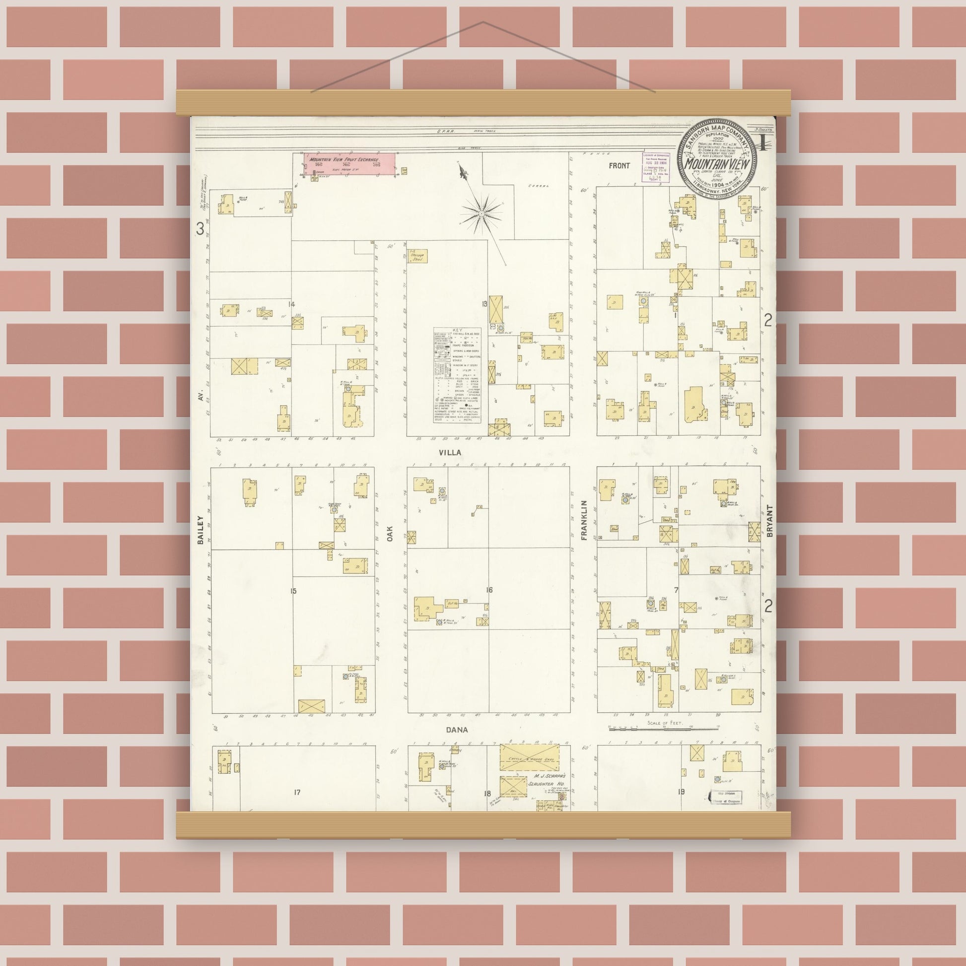 Old map wall art mockup — magnetic wood frame on brick wall — Sanborn Fire Insurance Map from Mountain View, Santa Clara County, California (1904) - Complete Map Set