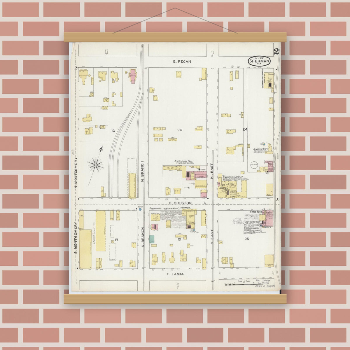 Old map wall art mockup — magnetic wood frame on brick wall — Sanborn Fire Insurance Map from Sherman, Grayson County, Texas (1892), Sheet #0002