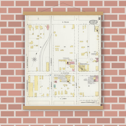 Old map wall art mockup — magnetic wood frame on brick wall — Sanborn Fire Insurance Map from Sherman, Grayson County, Texas (1892), Sheet #0002