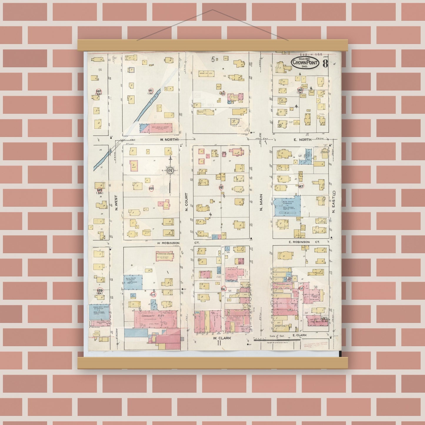 Old map wall art mockup — magnetic wood frame on brick wall — Sanborn Fire Insurance Map from Crown Point, Lake County, Indiana (1948), Sheet #0008