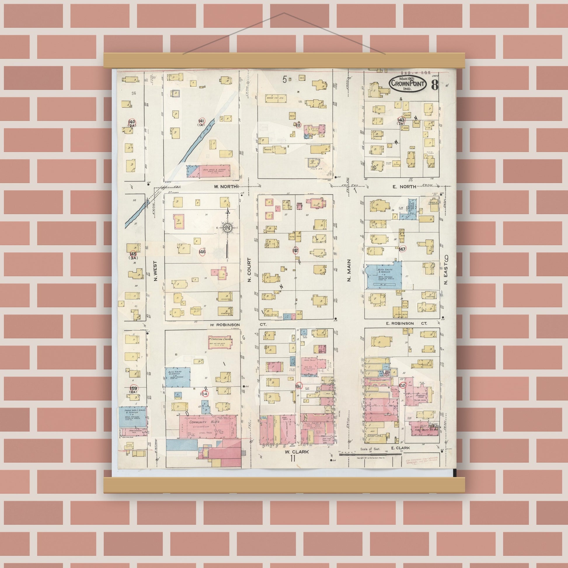 Old map wall art mockup — magnetic wood frame on brick wall — Sanborn Fire Insurance Map from Crown Point, Lake County, Indiana (1948), Sheet #0008