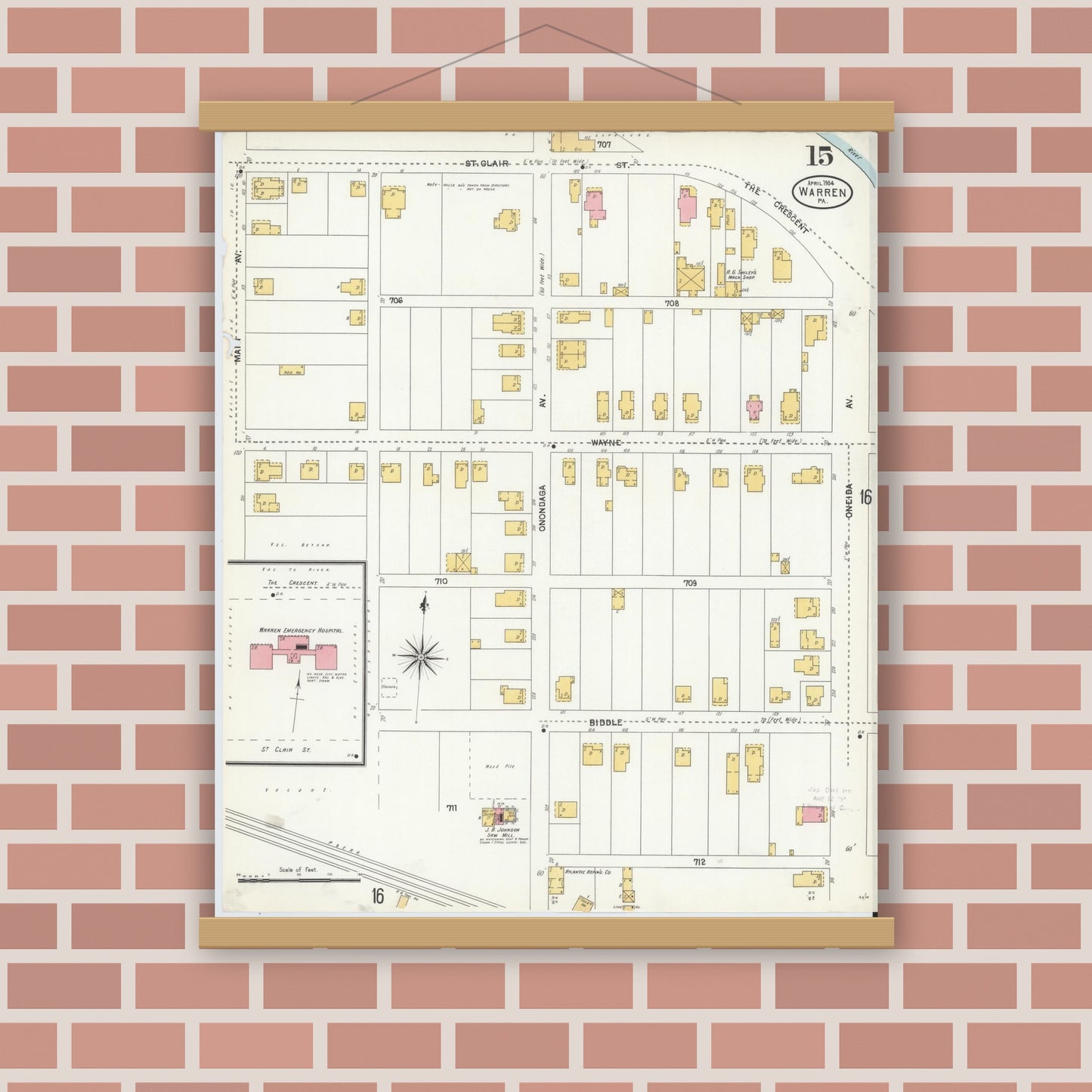 Old map wall art mockup — magnetic wood frame on brick wall — Sanborn Fire Insurance Map from Warren, Warren County, Pennsylvania (1904), Sheet #0015