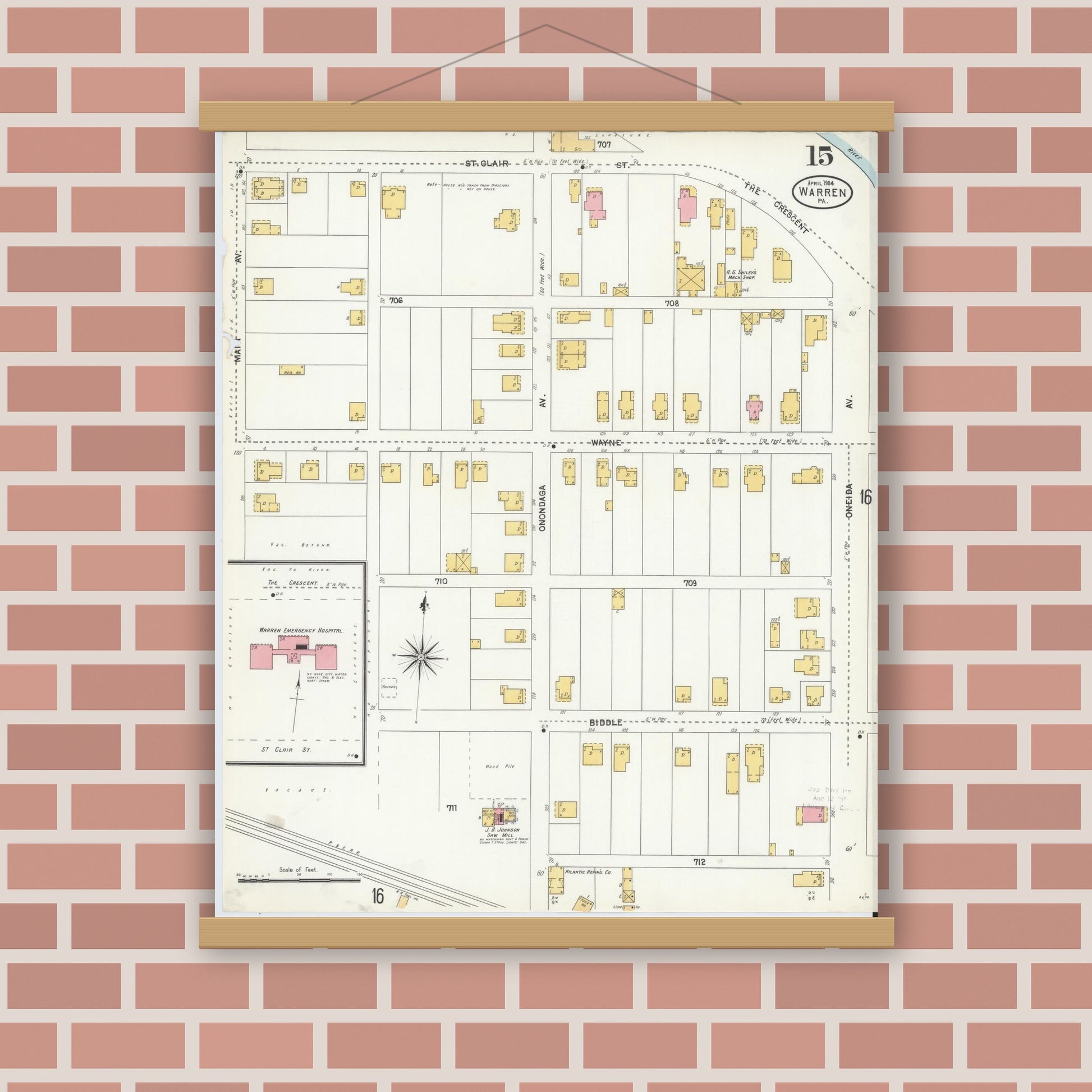 Old map wall art mockup — magnetic wood frame on brick wall — Sanborn Fire Insurance Map from Warren, Warren County, Pennsylvania (1904), Sheet #0015