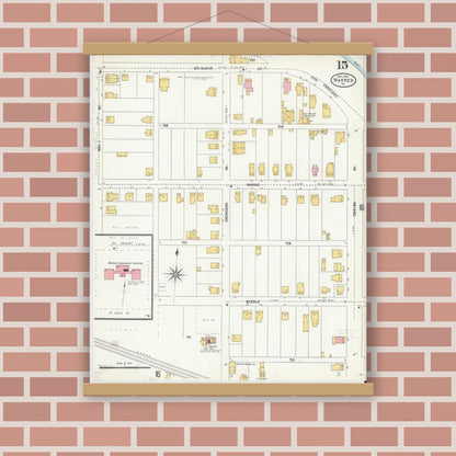 Old map wall art mockup — magnetic wood frame on brick wall — Sanborn Fire Insurance Map from Warren, Warren County, Pennsylvania (1904), Sheet #0015