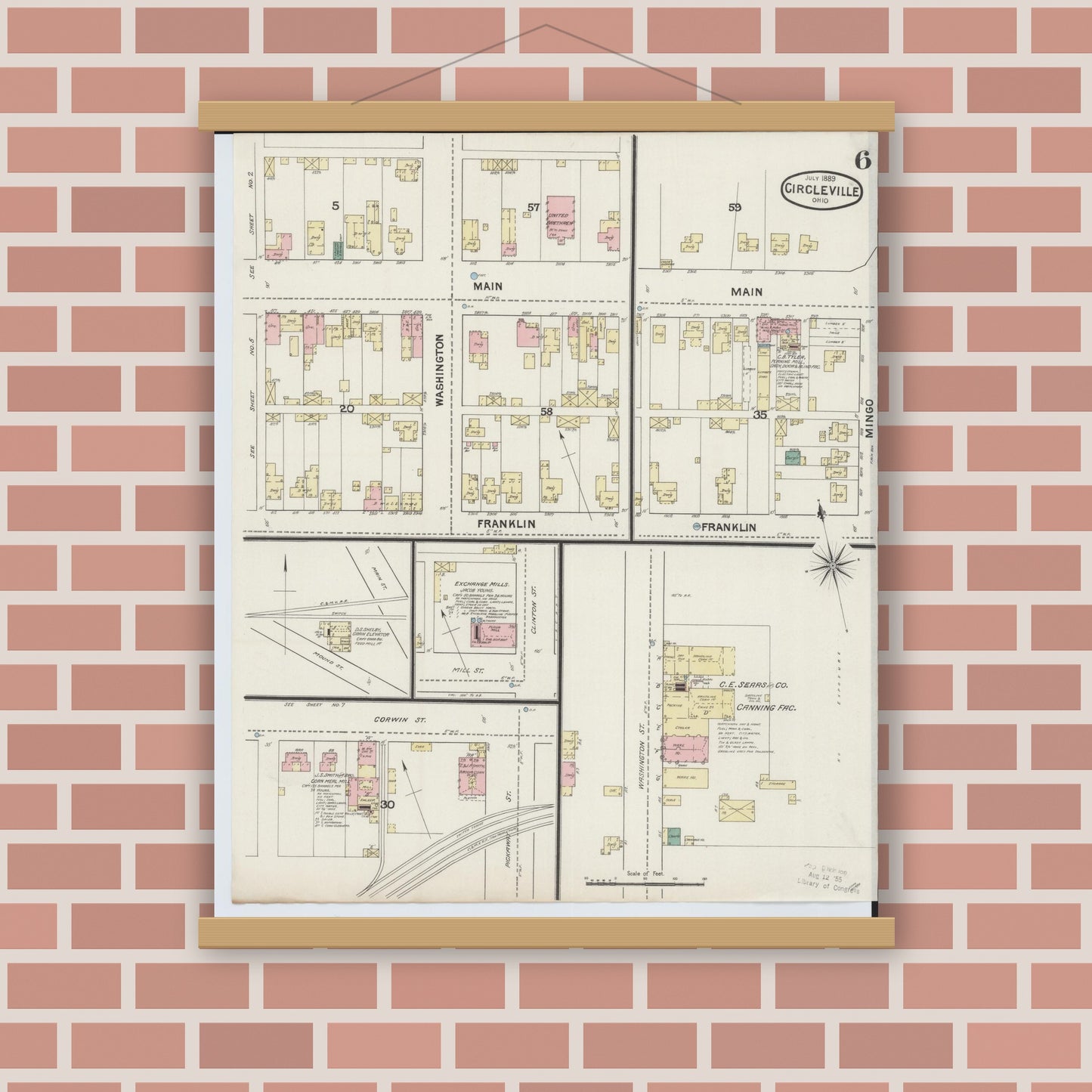 Old map wall art mockup — magnetic wood frame on brick wall — Sanborn Fire Insurance Map from Circleville, Pickaway County, Ohio (1889), Sheet #0006