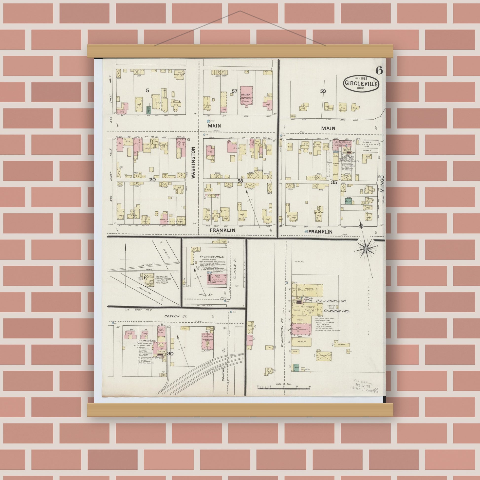 Old map wall art mockup — magnetic wood frame on brick wall — Sanborn Fire Insurance Map from Circleville, Pickaway County, Ohio (1889), Sheet #0006