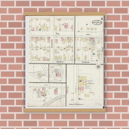 Old map wall art mockup — magnetic wood frame on brick wall — Sanborn Fire Insurance Map from Circleville, Pickaway County, Ohio (1889), Sheet #0006