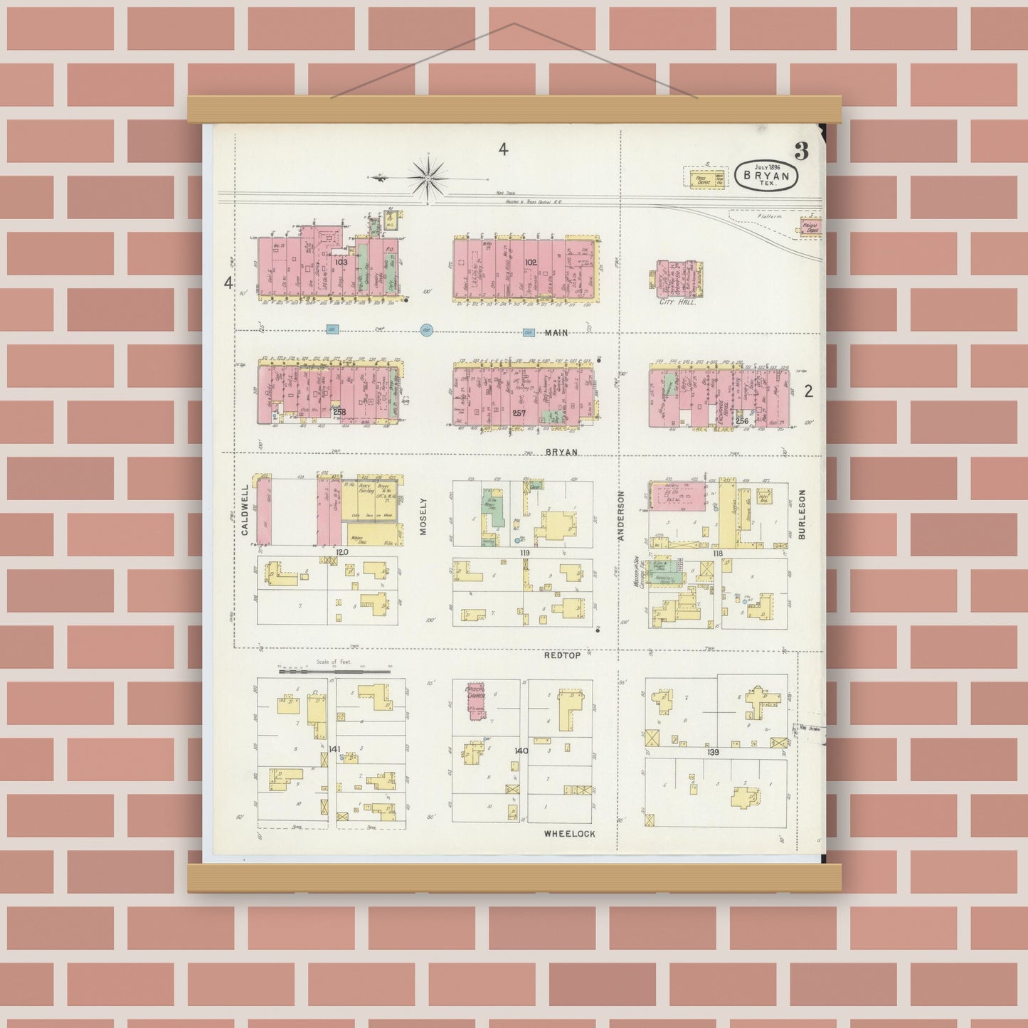 Old map wall art mockup — magnetic wood frame on brick wall — Sanborn Fire Insurance Map from Bryan, Brazos County, Texas (1896), Sheet #0003