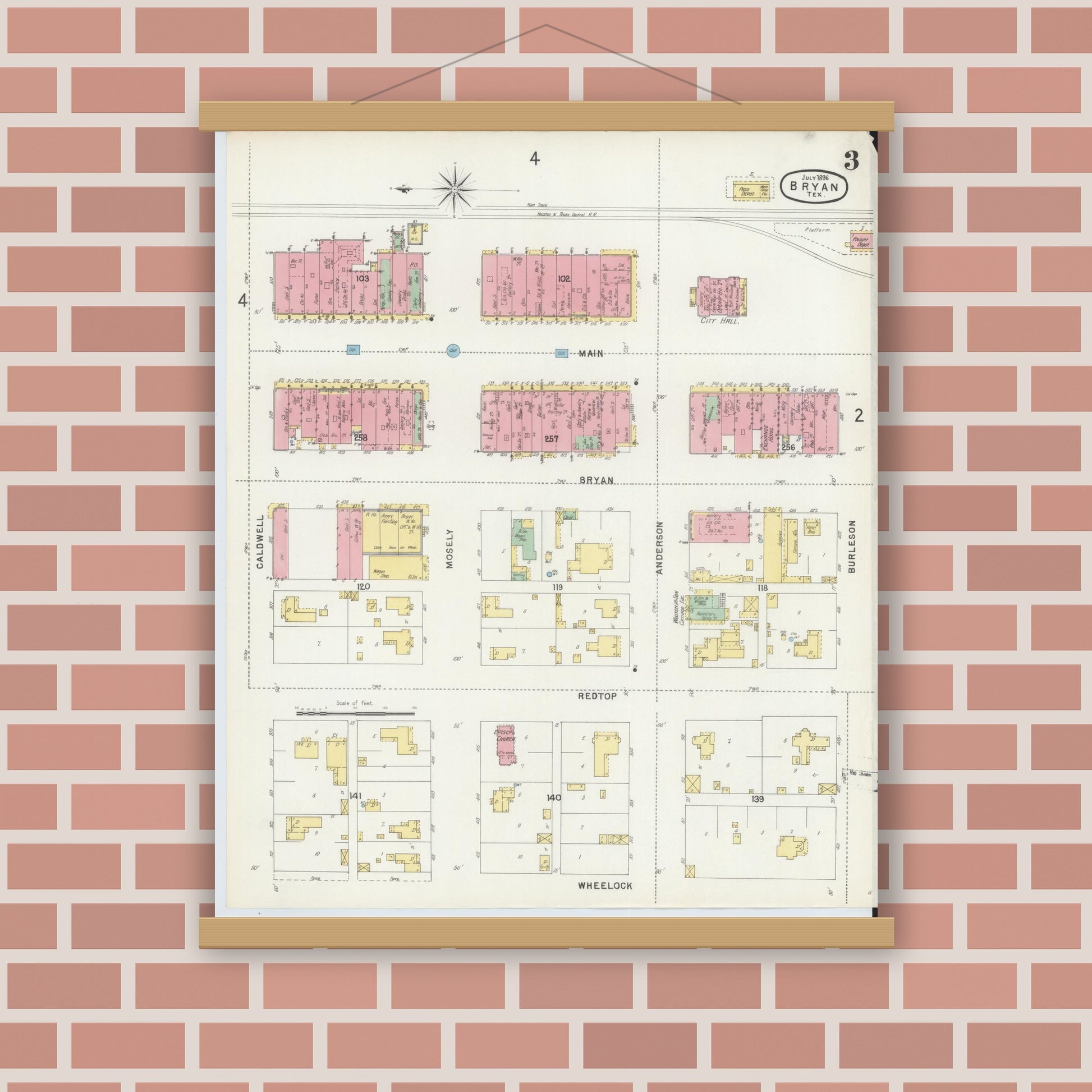 Old map wall art mockup — magnetic wood frame on brick wall — Sanborn Fire Insurance Map from Bryan, Brazos County, Texas (1896), Sheet #0003