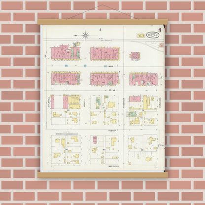 Old map wall art mockup — magnetic wood frame on brick wall — Sanborn Fire Insurance Map from Bryan, Brazos County, Texas (1896), Sheet #0003