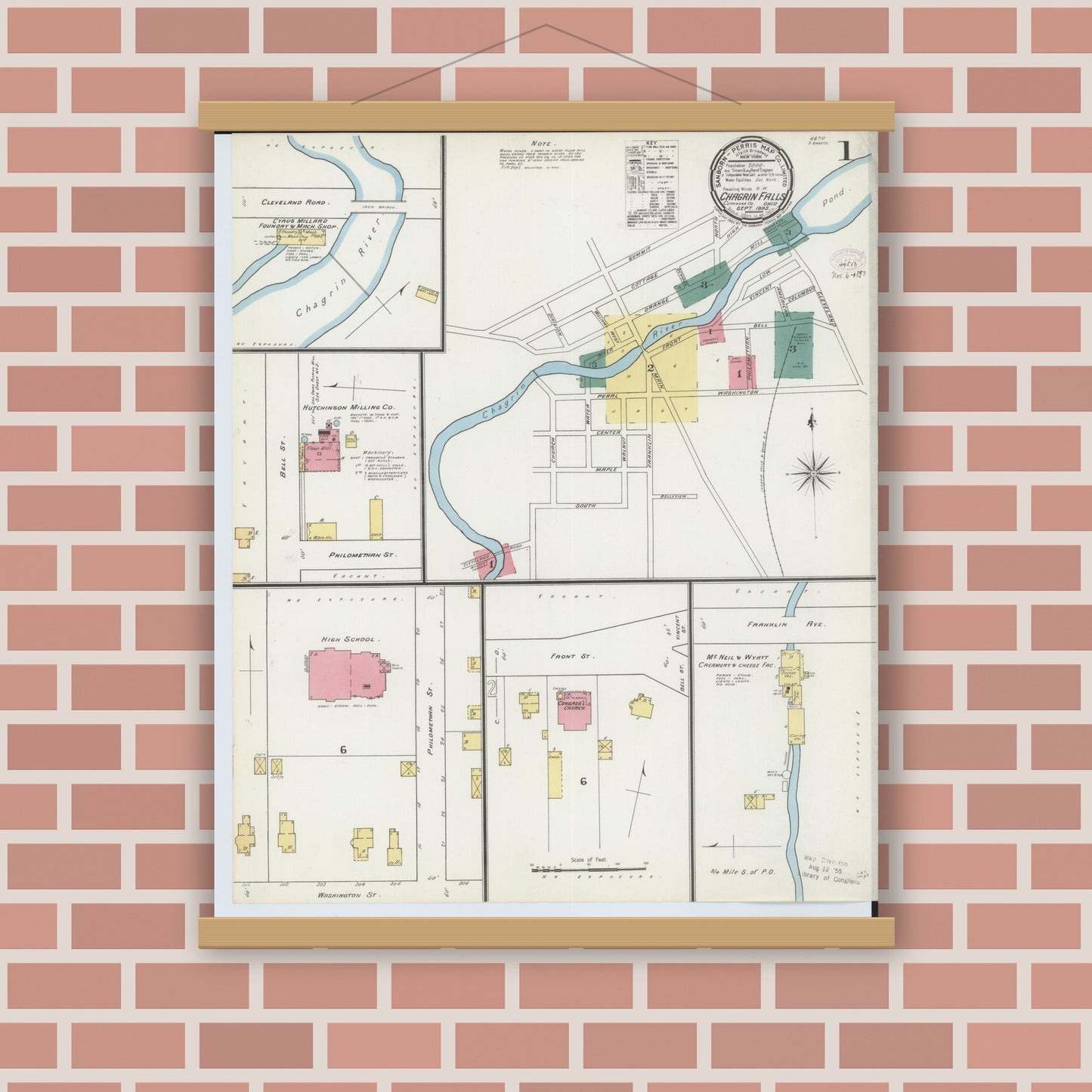 Old map wall art mockup — magnetic wood frame on brick wall — Sanborn Fire Insurance Map from Chagrin Falls, Cuyahoga County, Ohio (1893), Sheet #0001