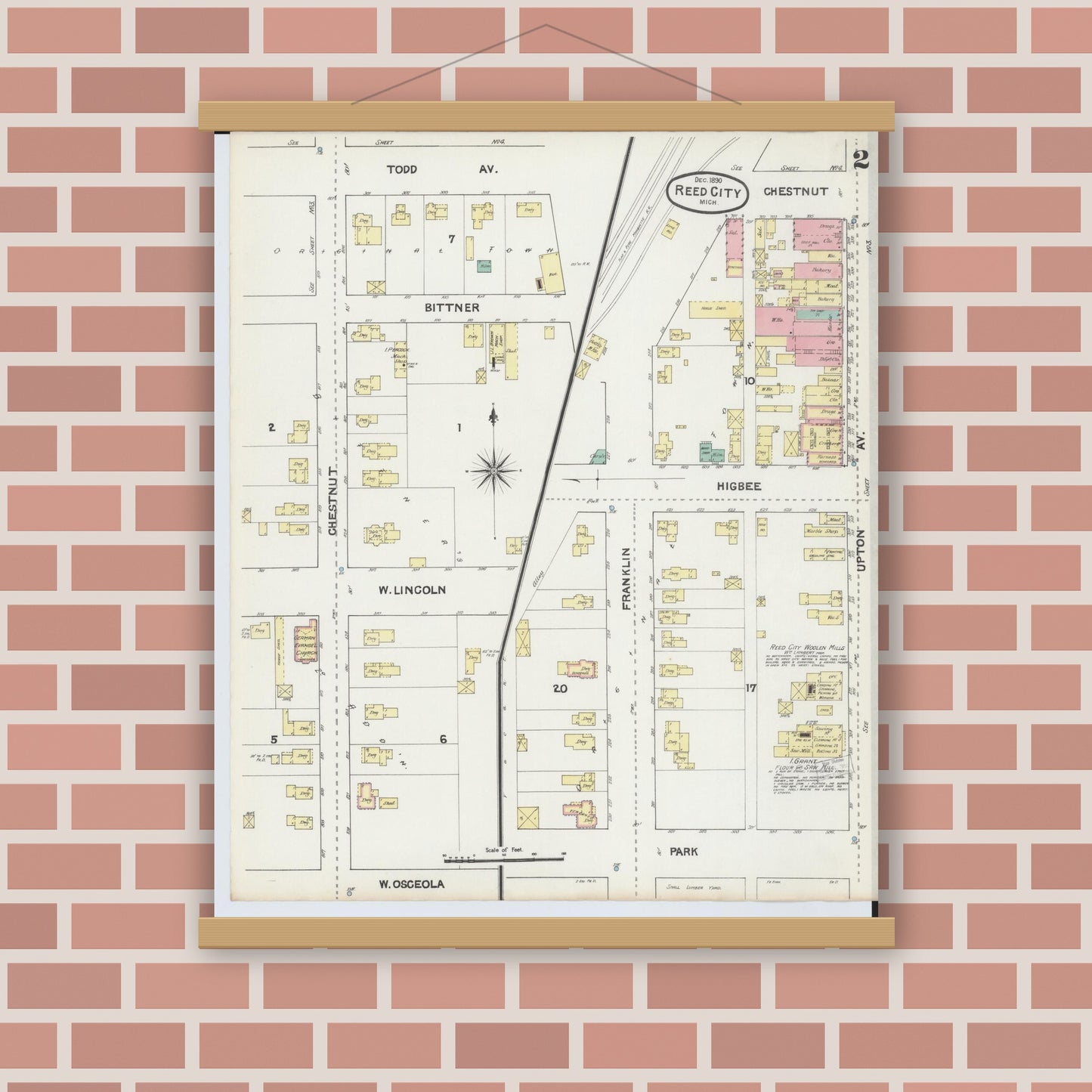 Old map wall art mockup — magnetic wood frame on brick wall — Sanborn Fire Insurance Map from Reed City, Osceola County, Michigan (1890), Sheet #0002